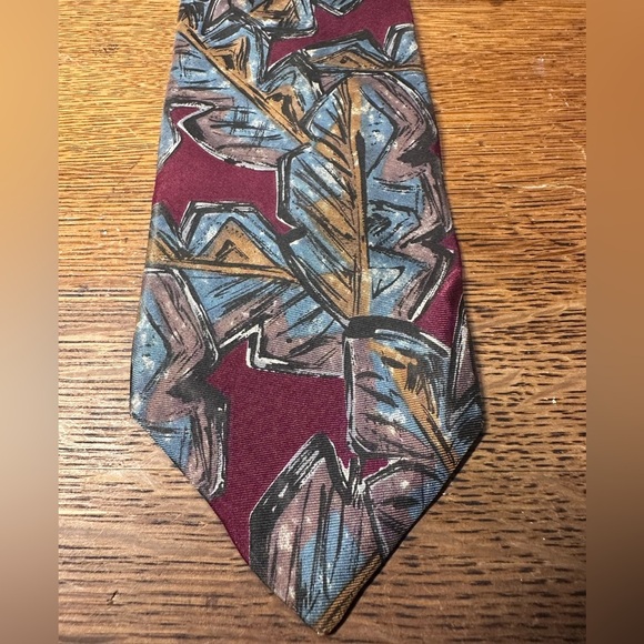 Vintage Christian Dior Monsieur Leaf Patterned Burgundy Gold Blue Neck Tie - Picture 2 of 4